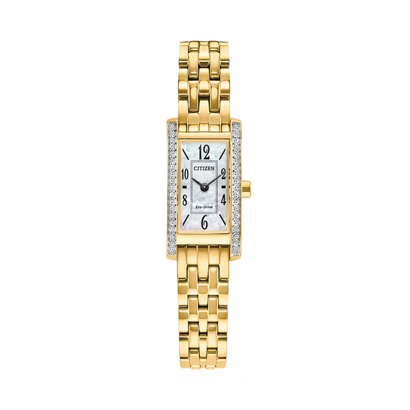 Citizen Ladies Rectangle Gold Plated Petite Palidora Eco Drive Mother Of Pearl Dial with Stone Bezel