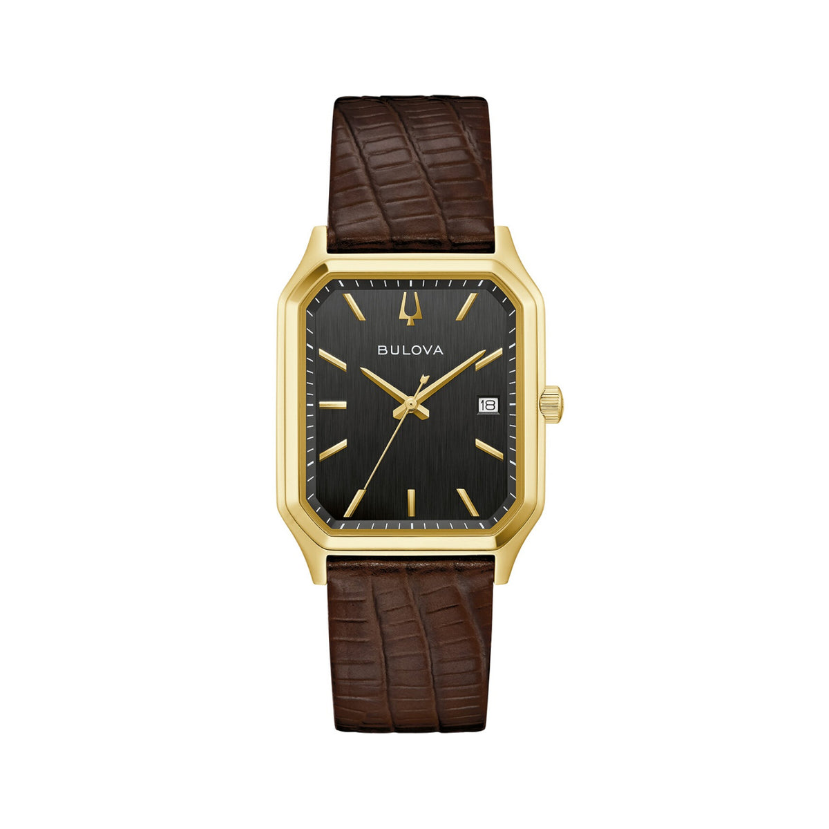 Bulova Gents Tony Bennett Rectangle Black Dial with Gold Plated Case on Brown Leather Strap