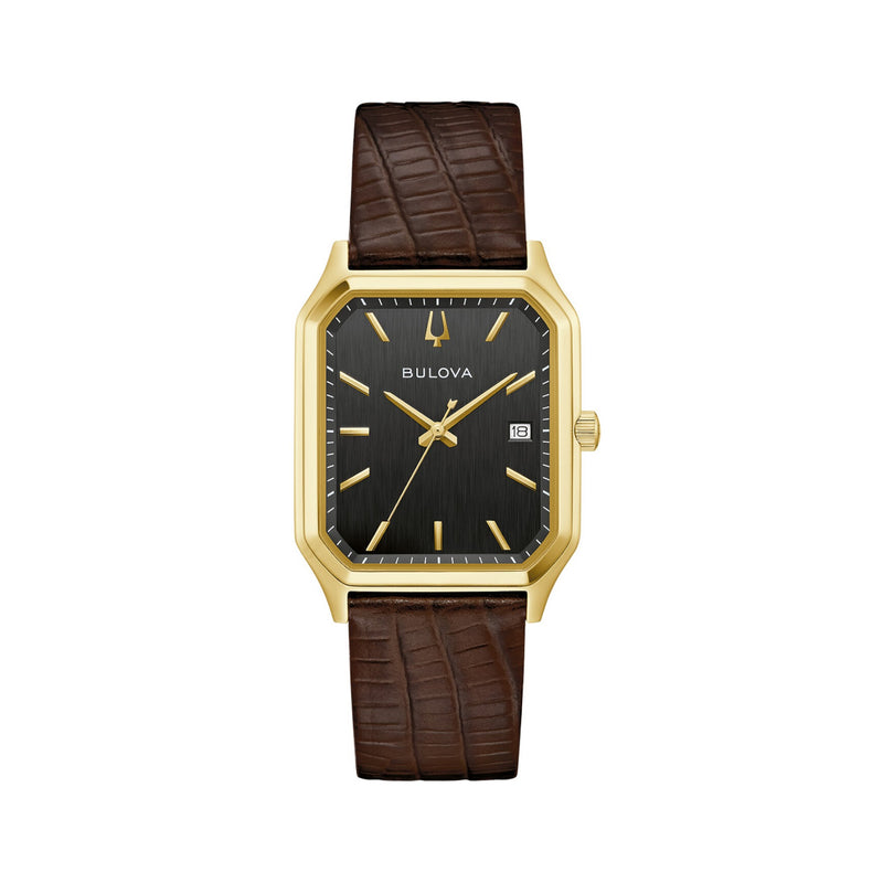 Bulova Gents Tony Bennett Rectangle Black Dial with Gold Plated Case on Brown Leather Strap