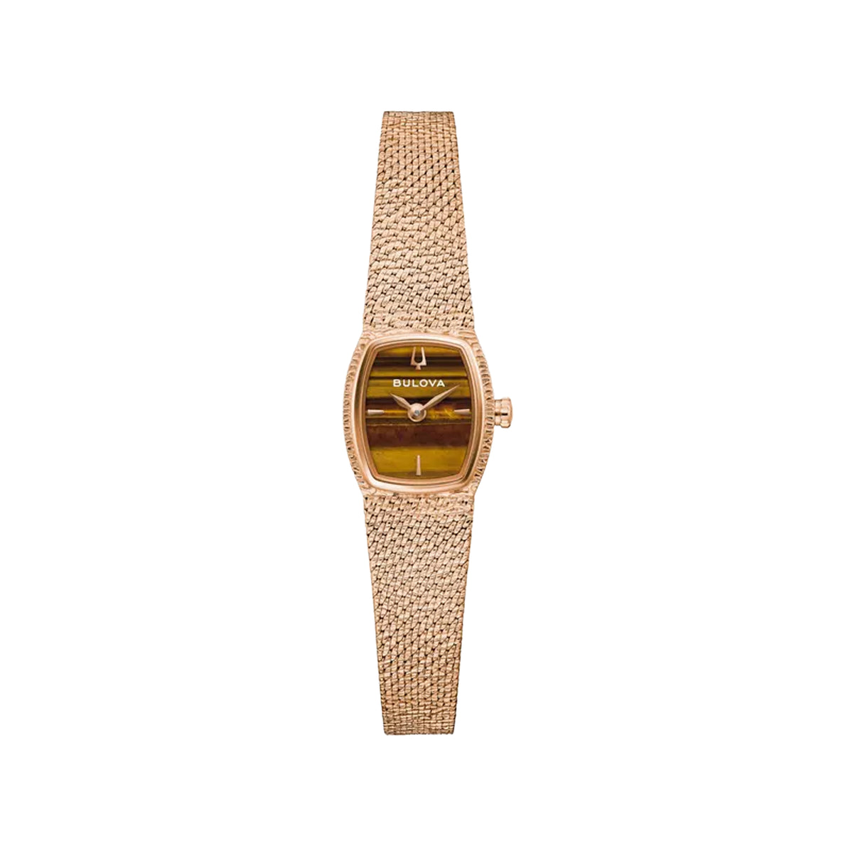 Bulova Ladies Goddess Of Time Tiger Eye Dial Rose Gold Plated Mesh Bracelet