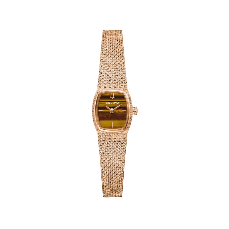 Bulova Ladies Goddess Of Time Tiger Eye Dial Rose Gold Plated Mesh Bracelet