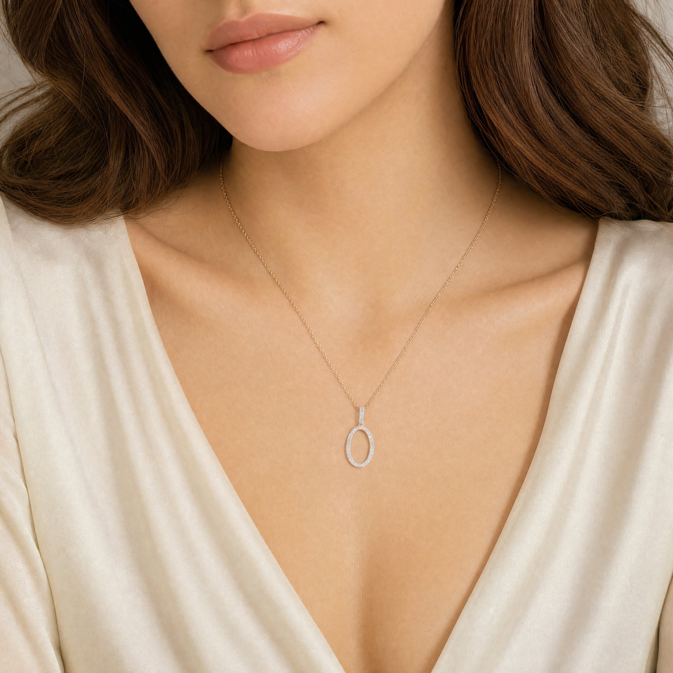 Open Oval Natural Diamond Pendant Necklace in 9ct Yellow Gold