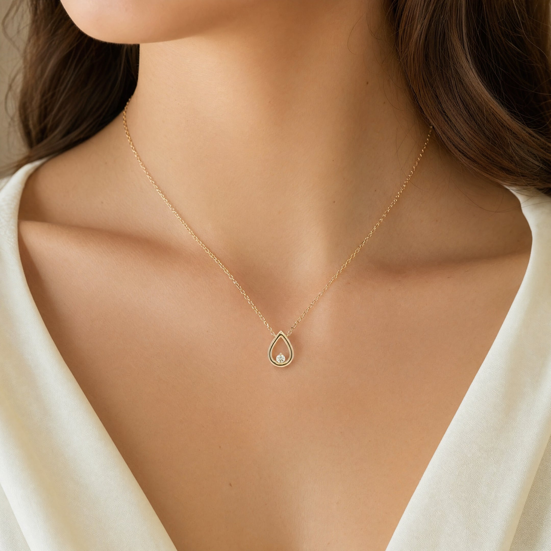 Open Teardrop Natural Diamond Pendant Necklace in 9ct Yellow Gold
