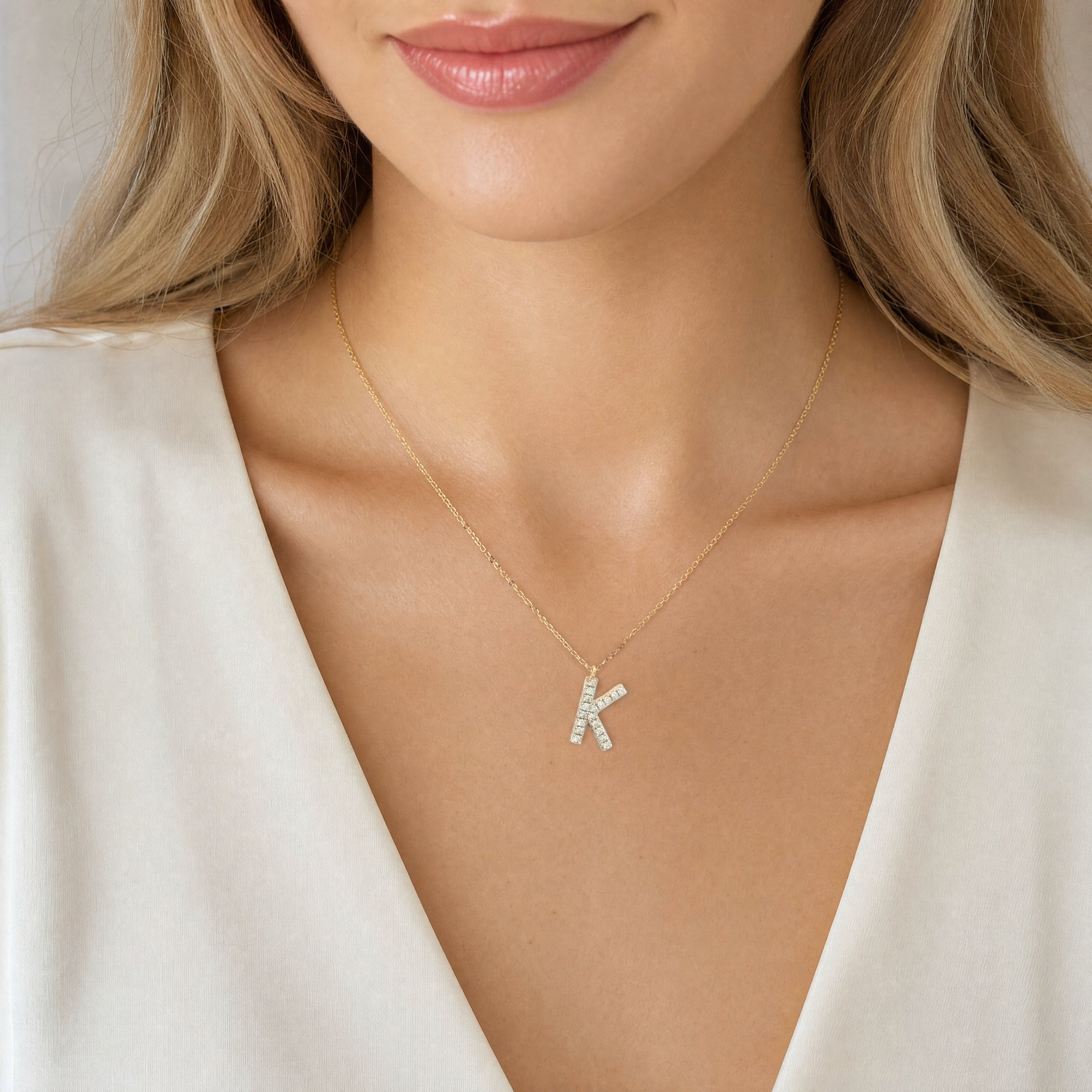9ct Yellow Gold Natural Diamond Set 'K' on chain