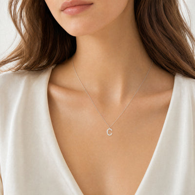 9ct White Gold Natural Diamond Set 'C' Initial on chain