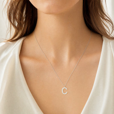 9ct White Gold Natural Diamond Set 'C' Initial on chain