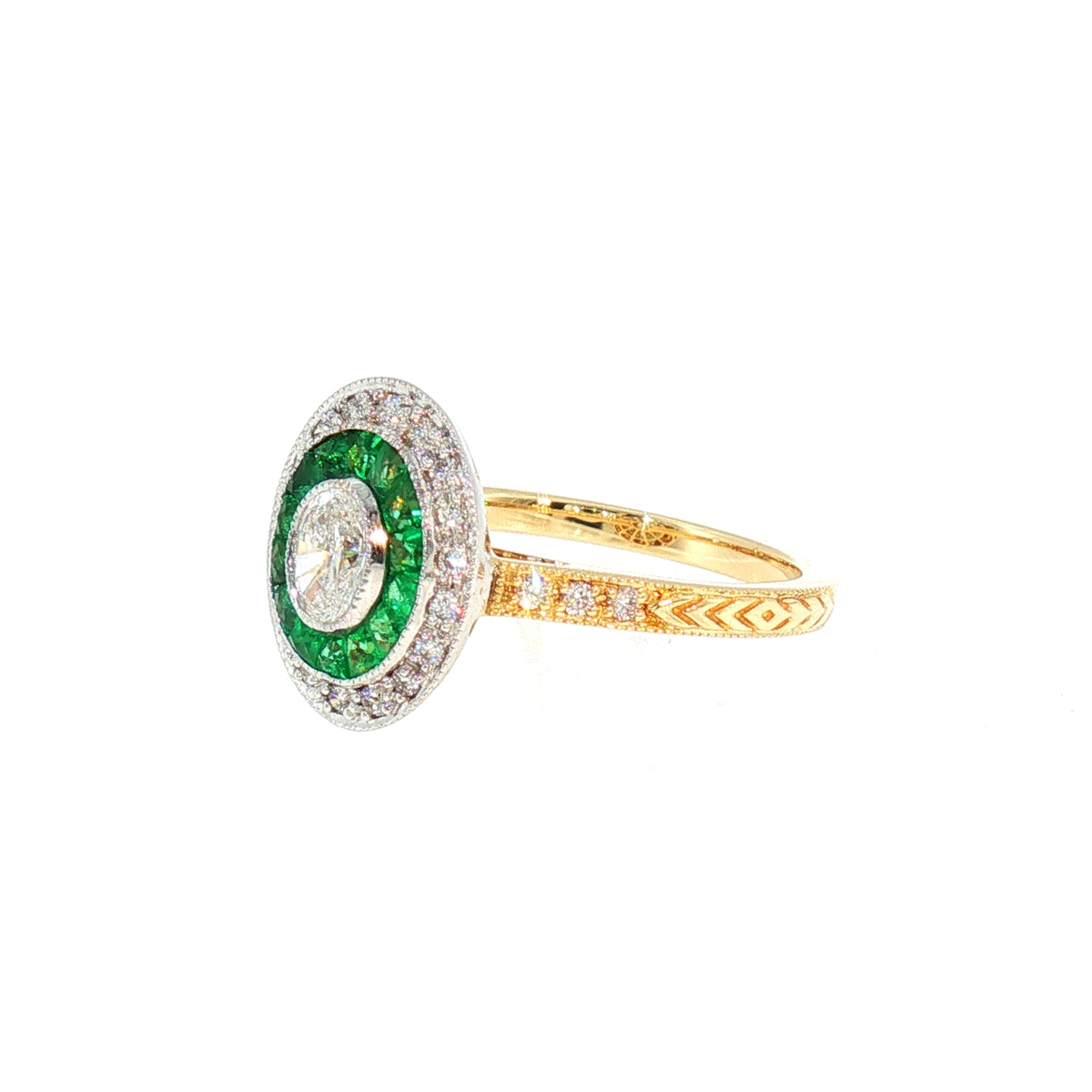 Emerald and Natural Diamond Target Ring in 18ct Yellow Gold