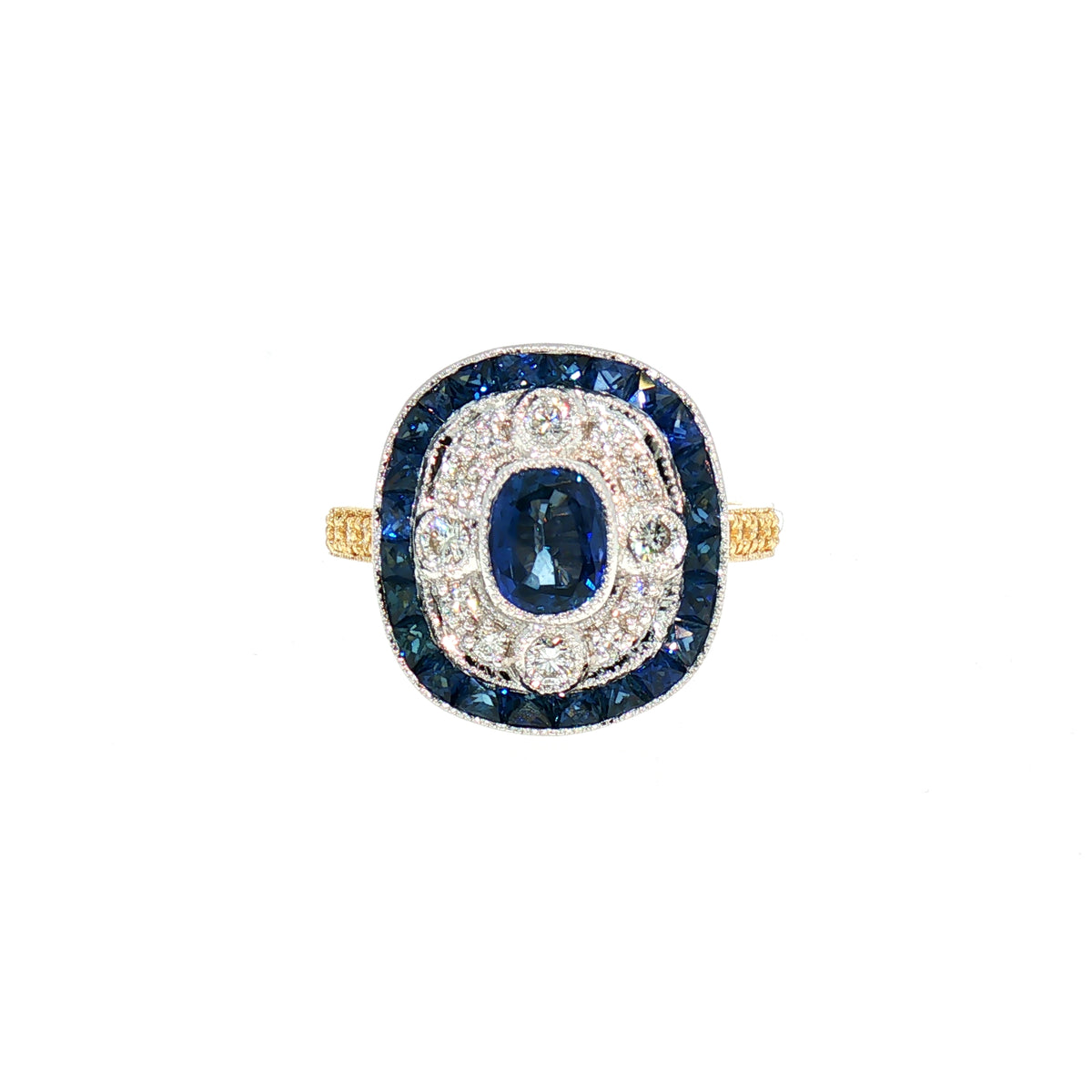 Sapphire and Diamond Target Art Deco Style Dress Ring in 18ct Yellow Gold