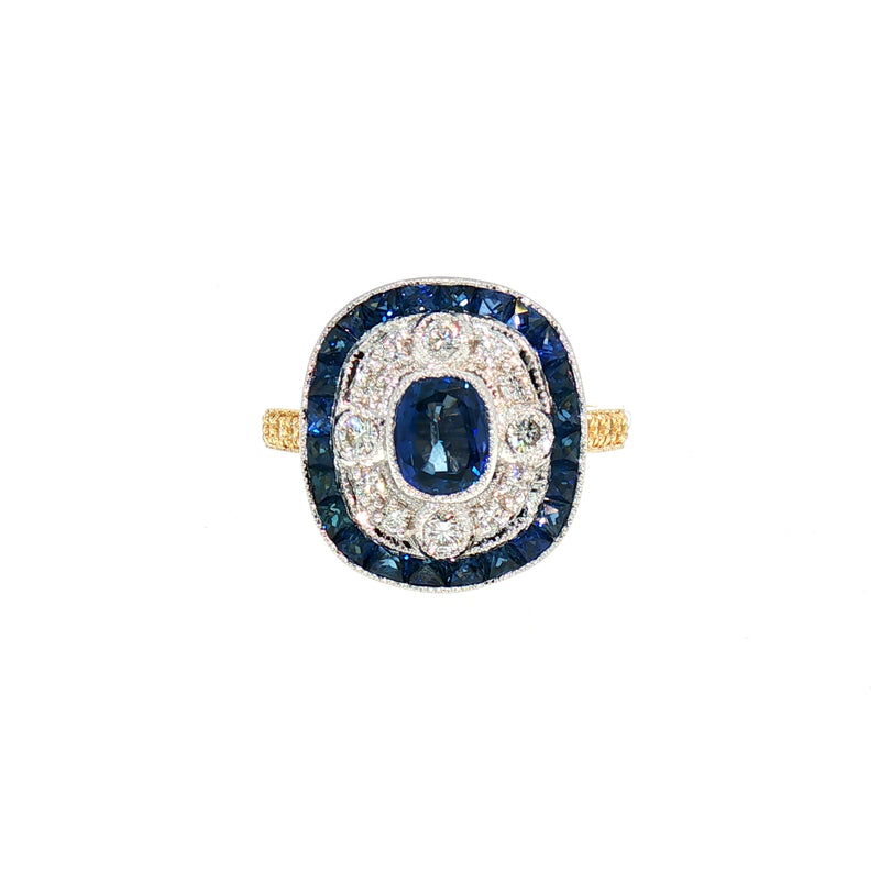 Sapphire and Diamond Target Art Deco Style Dress Ring in 18ct Yellow Gold