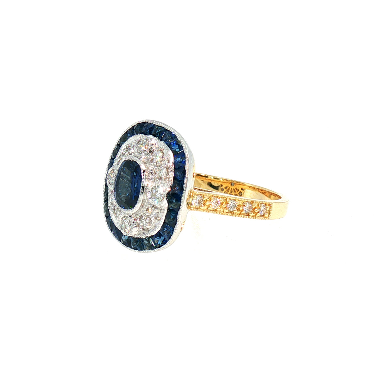 Sapphire and Diamond Target Art Deco Style Dress Ring in 18ct Yellow Gold