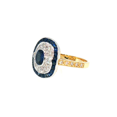 Sapphire and Diamond Target Art Deco Style Dress Ring in 18ct Yellow Gold