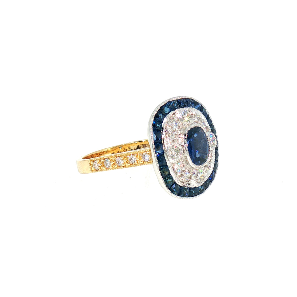 Sapphire and Diamond Target Art Deco Style Dress Ring in 18ct Yellow Gold