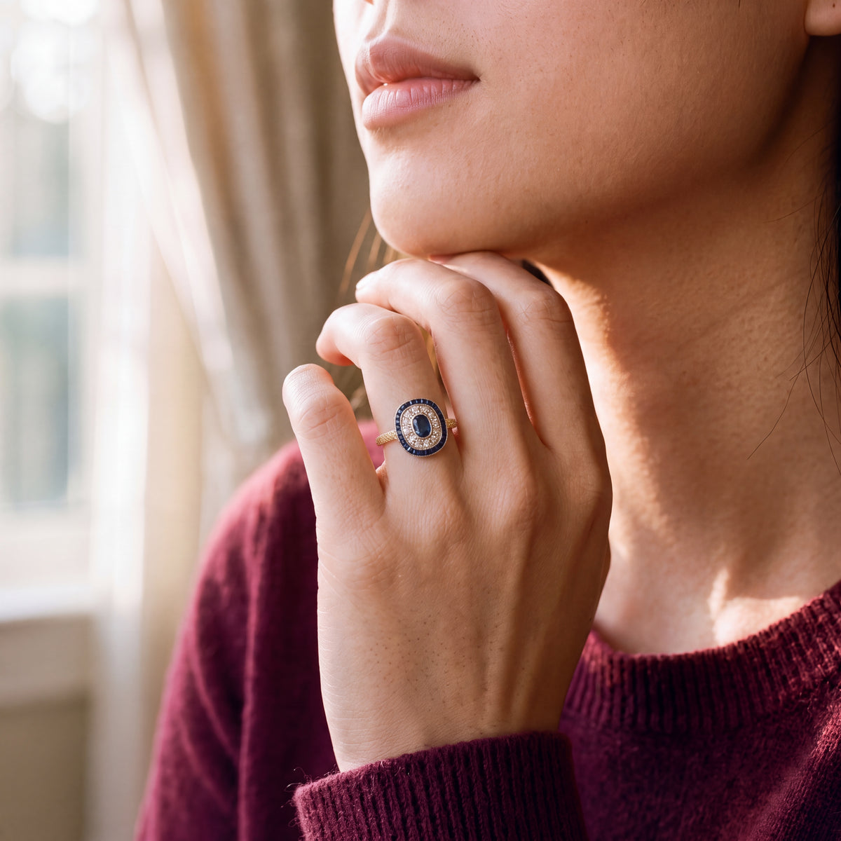 Sapphire and Diamond Target Art Deco Style Dress Ring in 18ct Yellow Gold