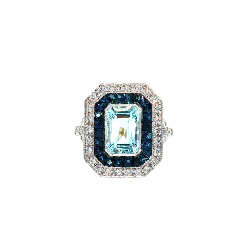 Natural Aquamarine, Sapphire and Diamond Art Deco Style Dress Ring in 18ct White Gold