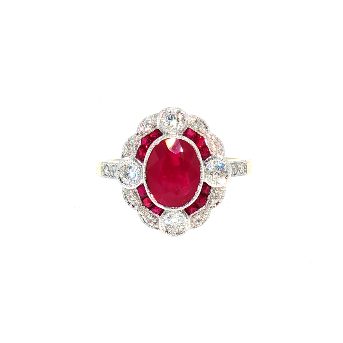 Oval Natural Ruby and Diamond Halo Art Deco Style Dress Ring in 18ct White and Yellow Gold