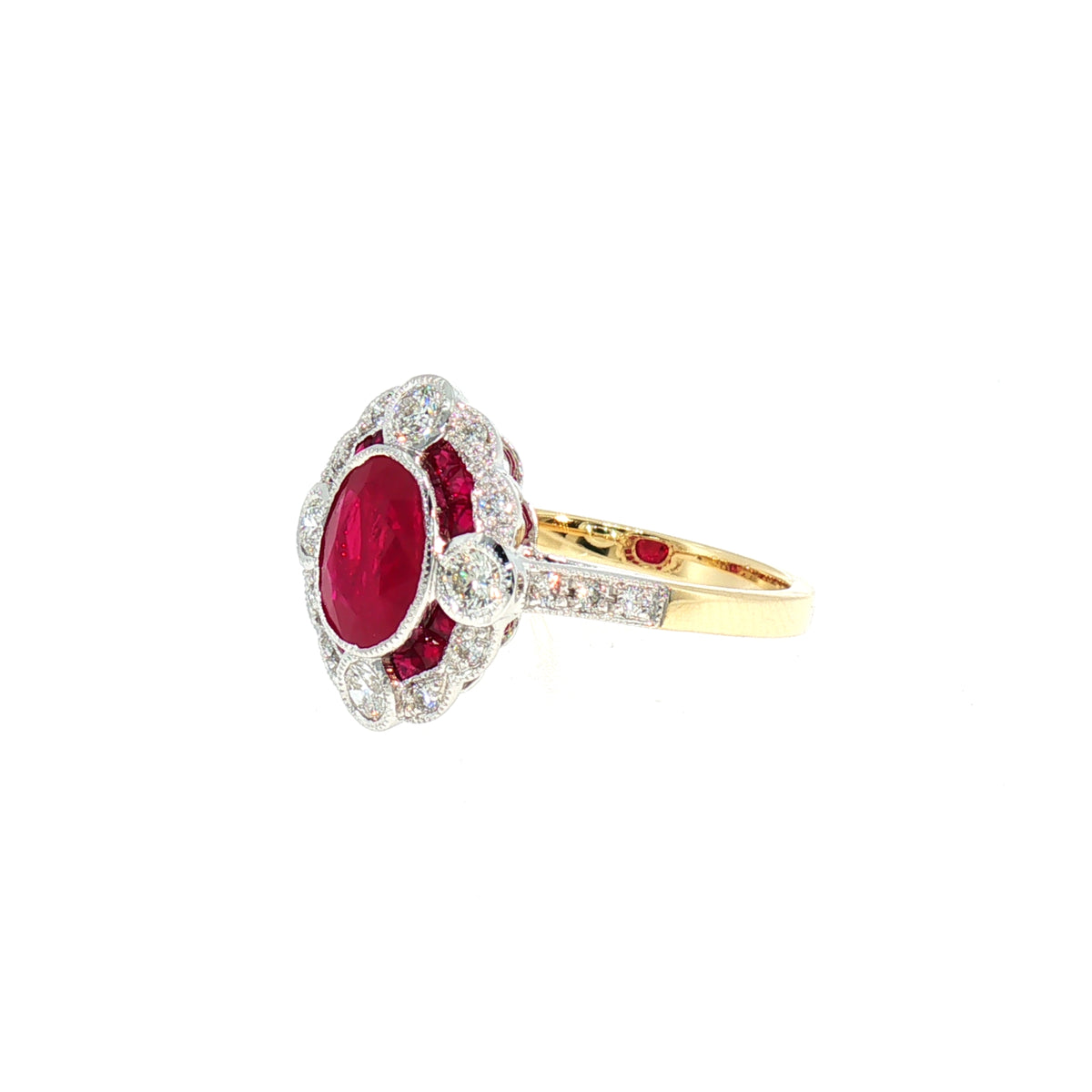 Oval Natural Ruby and Diamond Halo Art Deco Style Dress Ring in 18ct White and Yellow Gold