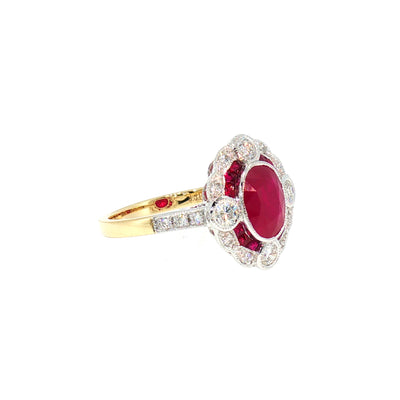 Oval Natural Ruby and Diamond Halo Art Deco Style Dress Ring in 18ct White and Yellow Gold