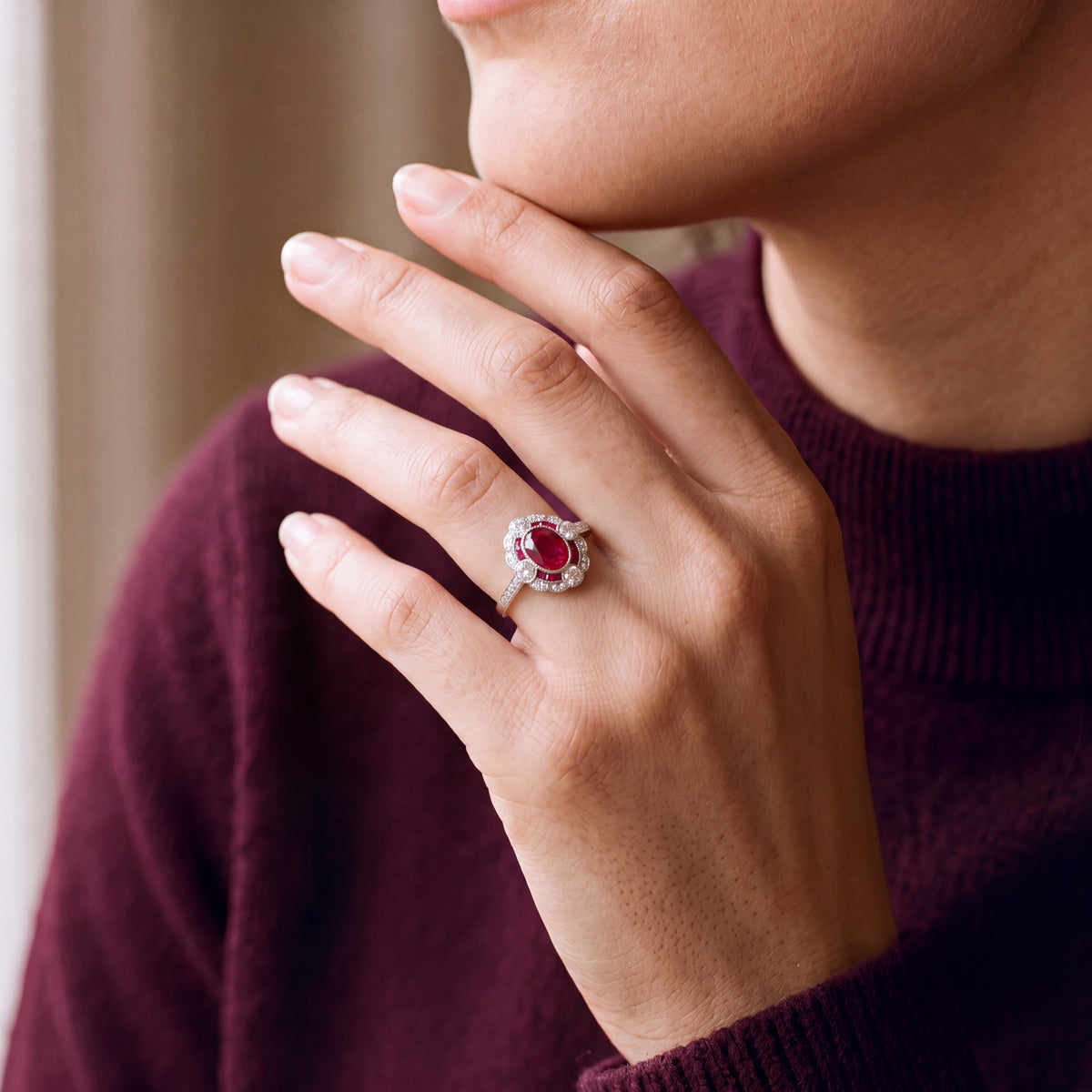 Oval Natural Ruby and Diamond Halo Art Deco Style Dress Ring in 18ct White and Yellow Gold