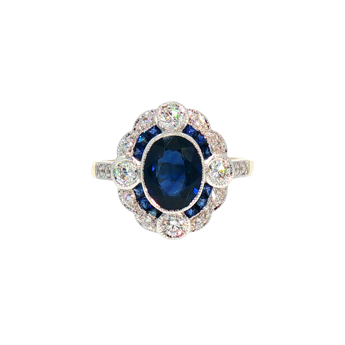 Natural Sapphire and Diamond Art Deco Style Target Ring in 18ct White Gold