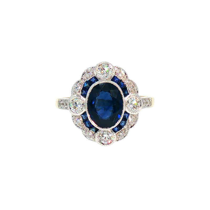 Natural Sapphire and Diamond Art Deco Style Target Ring in 18ct White Gold