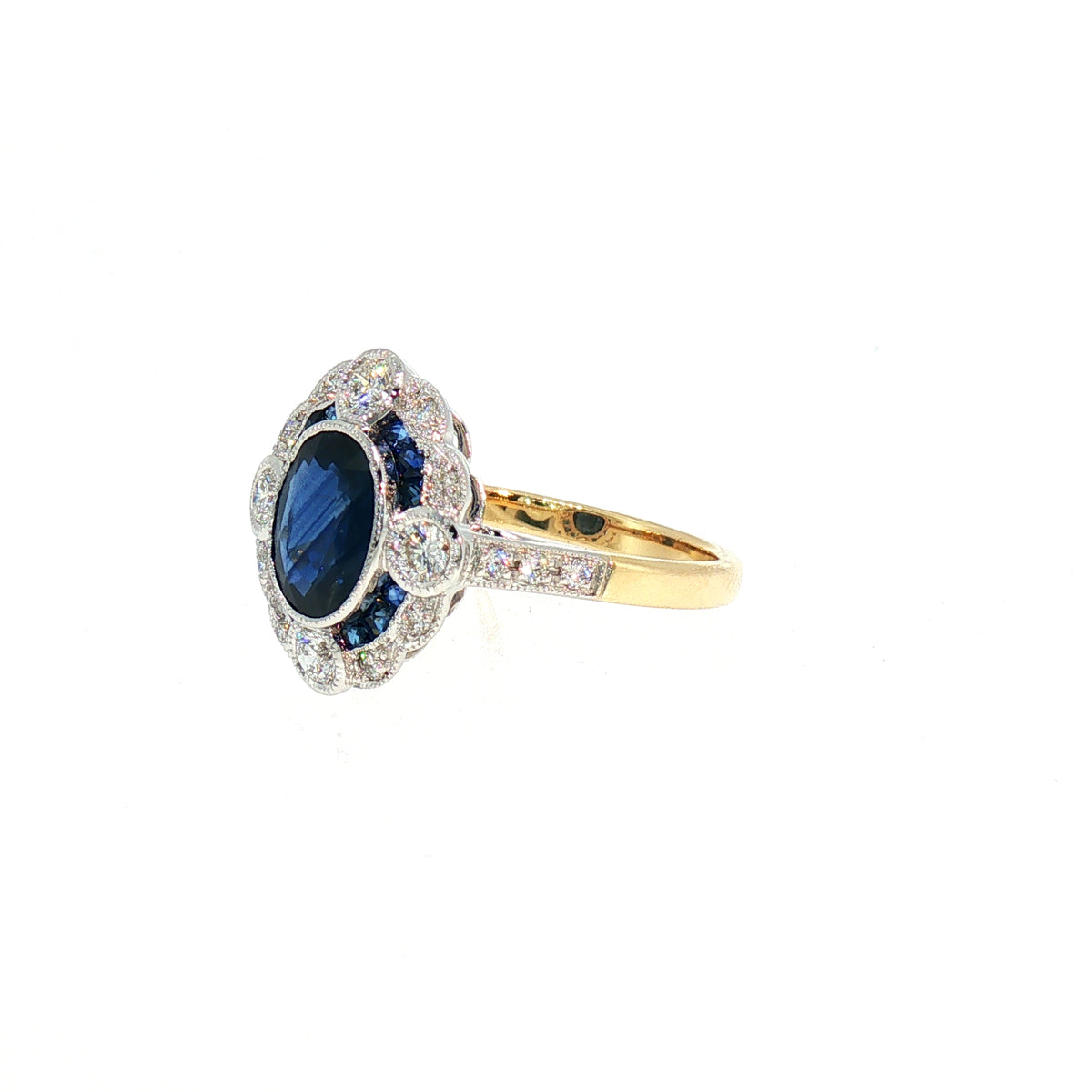 Natural Sapphire and Diamond Art Deco Style Target Ring in 18ct White Gold