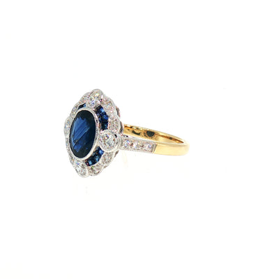 Natural Sapphire and Diamond Art Deco Style Target Ring in 18ct White Gold