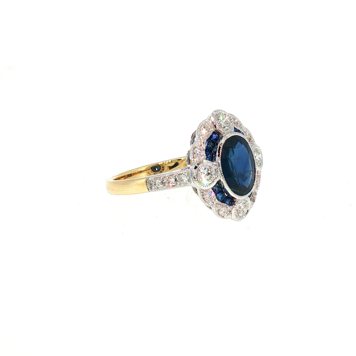 Natural Sapphire and Diamond Art Deco Style Target Ring in 18ct White Gold