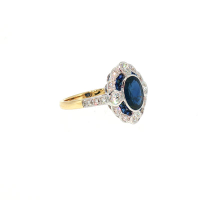 Natural Sapphire and Diamond Art Deco Style Target Ring in 18ct White Gold