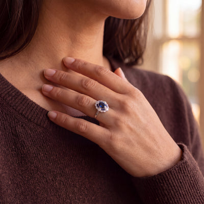 Natural Sapphire and Diamond Art Deco Style Target Ring in 18ct White Gold