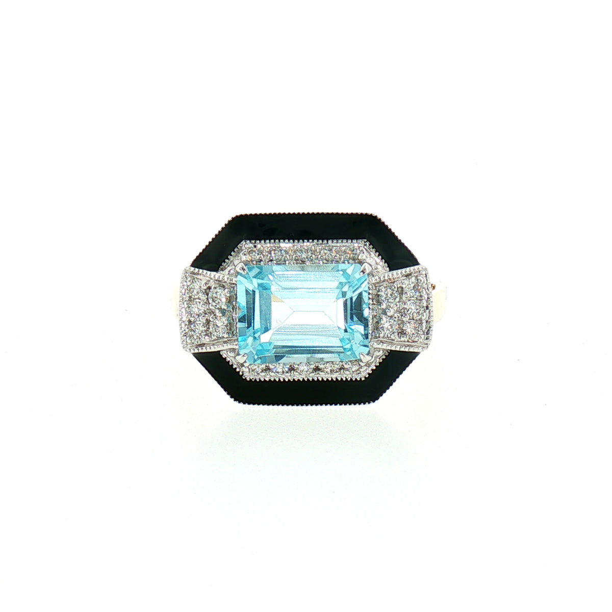 Blue Topaz and Natural Diamond Art Deco Style Dress Ring in 18ct Yellow Gold