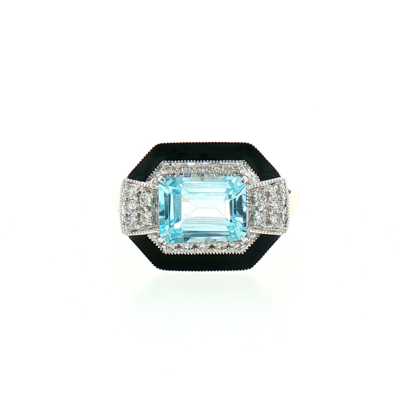 Blue Topaz and Natural Diamond Art Deco Style Dress Ring in 18ct Yellow Gold