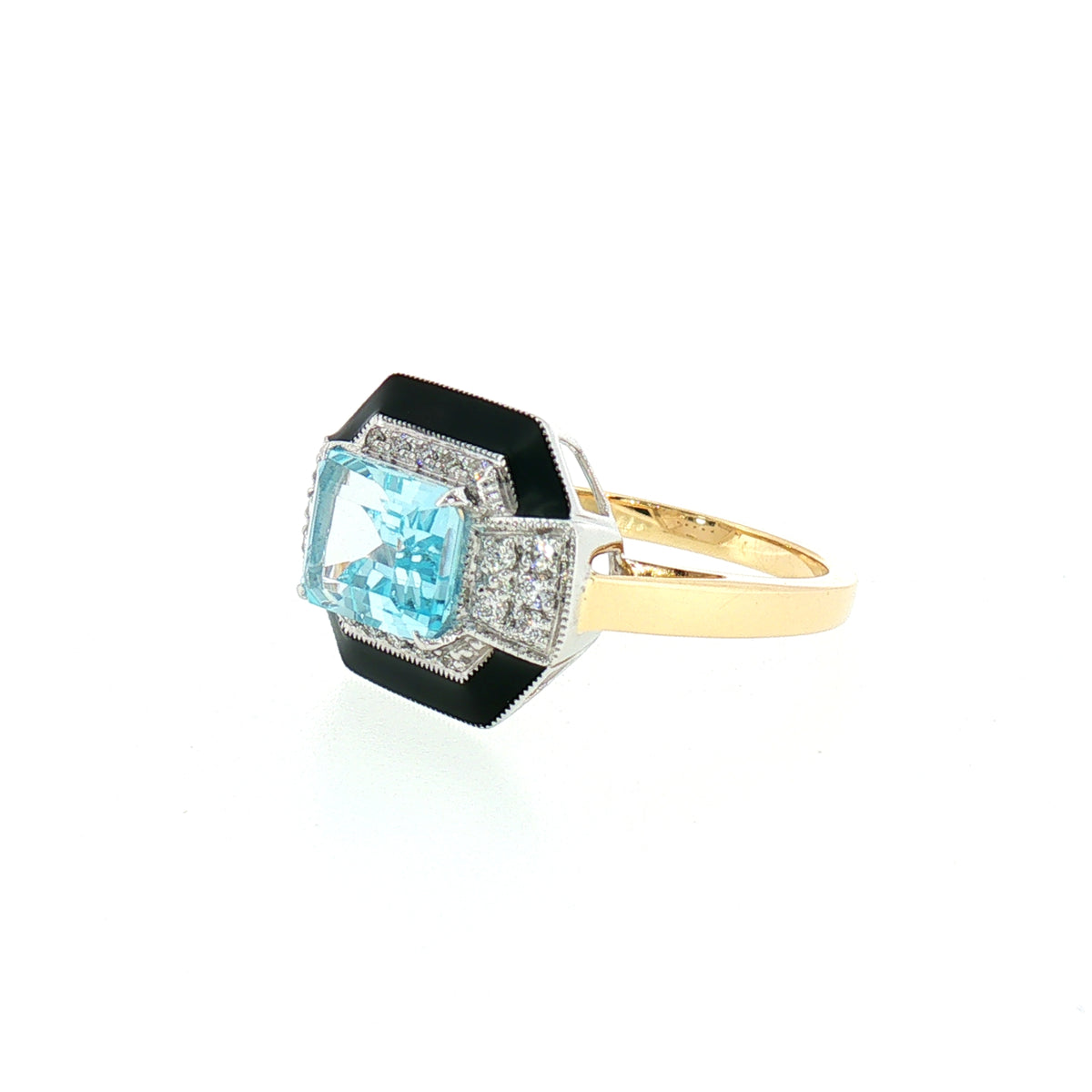 Blue Topaz and Natural Diamond Art Deco Style Dress Ring in 18ct Yellow Gold