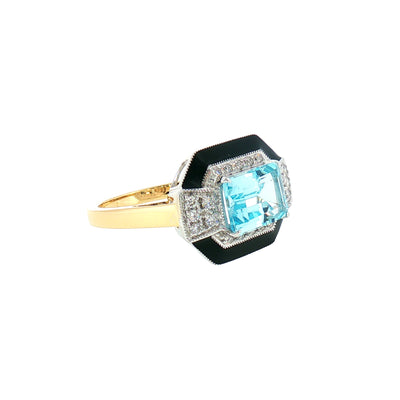 Blue Topaz and Natural Diamond Art Deco Style Dress Ring in 18ct Yellow Gold