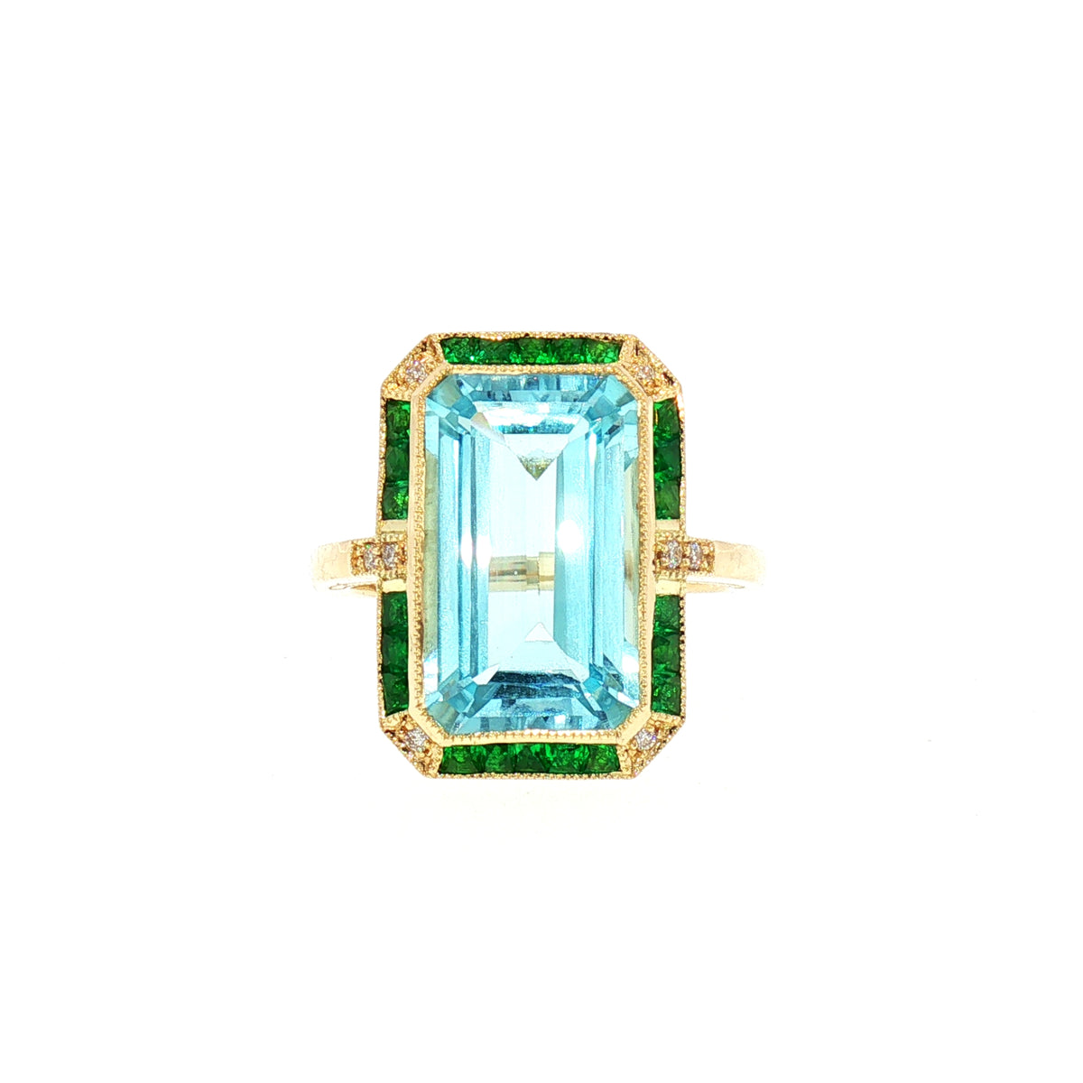 Blue Topaz Emerald Cut Art Deco Style Dress Ring in 18ct Yellow Gold
