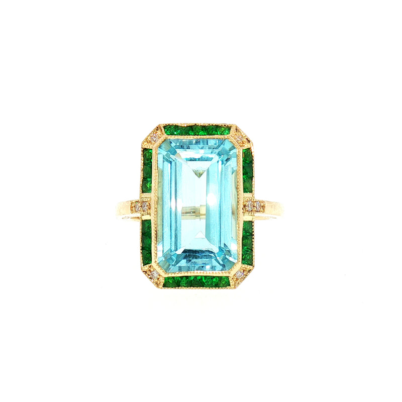 Blue Topaz Emerald Cut Art Deco Style Dress Ring in 18ct Yellow Gold