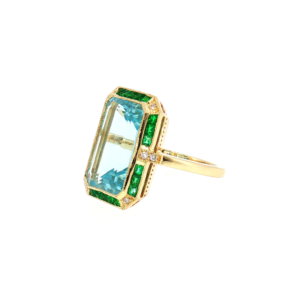 Blue Topaz Emerald Cut Art Deco Style Dress Ring in 18ct Yellow Gold