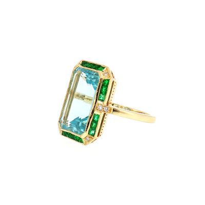 Blue Topaz Emerald Cut Art Deco Style Dress Ring in 18ct Yellow Gold