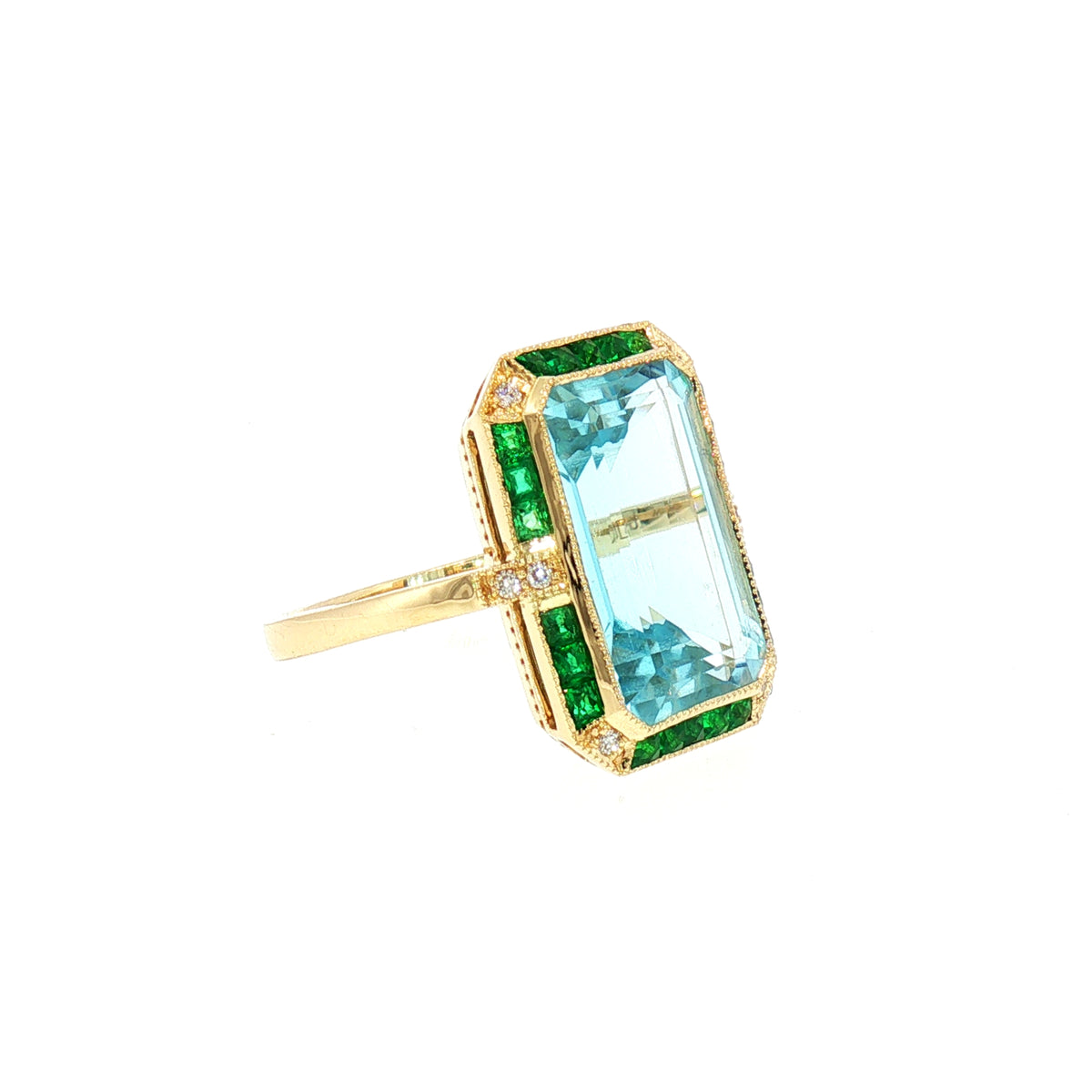 Blue Topaz Emerald Cut Art Deco Style Dress Ring in 18ct Yellow Gold