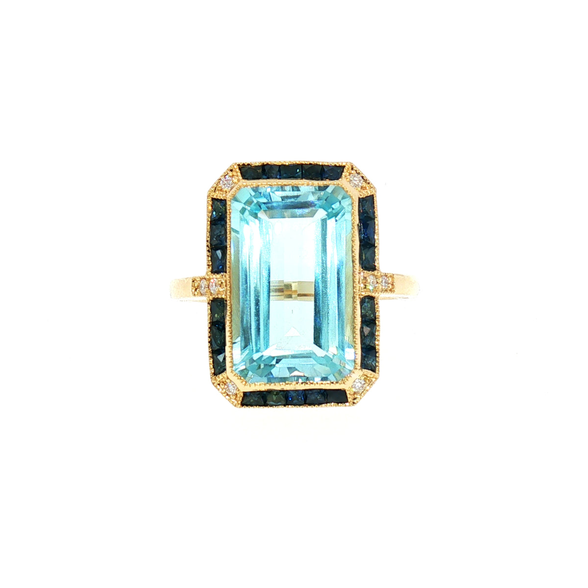 Blue Topaz, Sapphire and Natural Diamond Art Deco Style Dress Ring in 18ct Yellow Gold