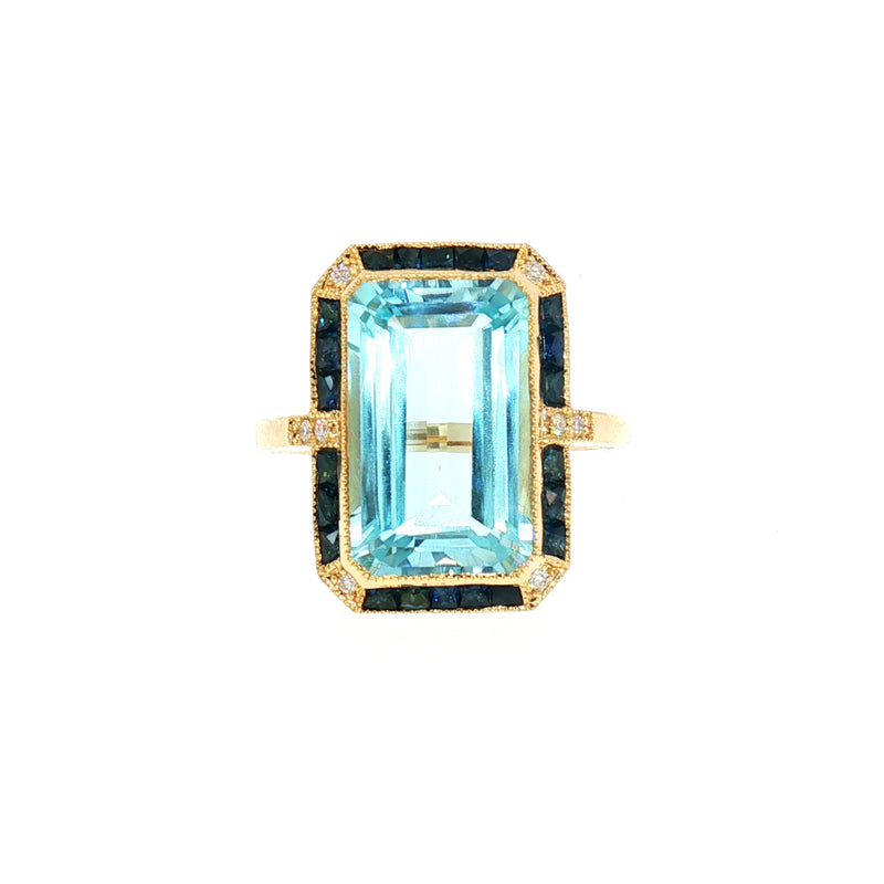 Blue Topaz, Sapphire and Natural Diamond Art Deco Style Dress Ring in 18ct Yellow Gold
