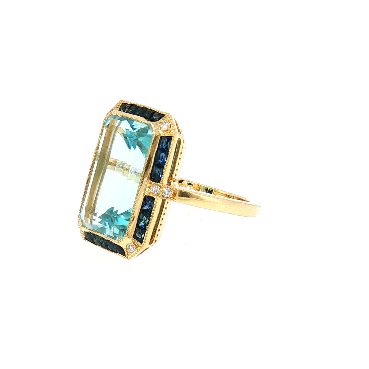 Blue Topaz, Sapphire and Natural Diamond Art Deco Style Dress Ring in 18ct Yellow Gold