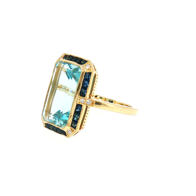 Blue Topaz, Sapphire and Natural Diamond Art Deco Style Dress Ring in 18ct Yellow Gold