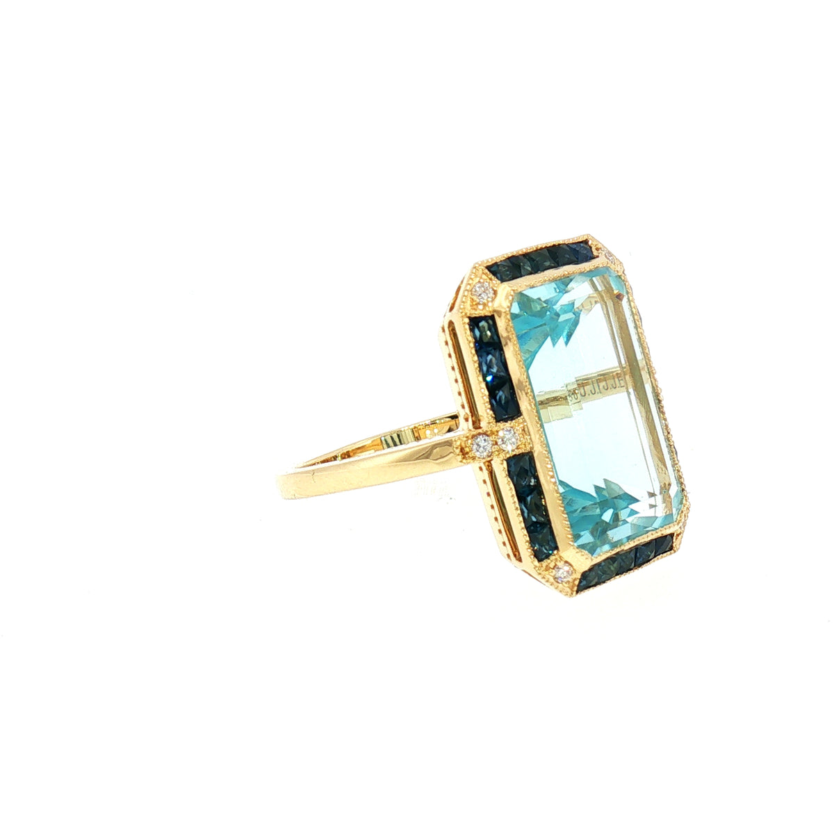 Blue Topaz, Sapphire and Natural Diamond Art Deco Style Dress Ring in 18ct Yellow Gold