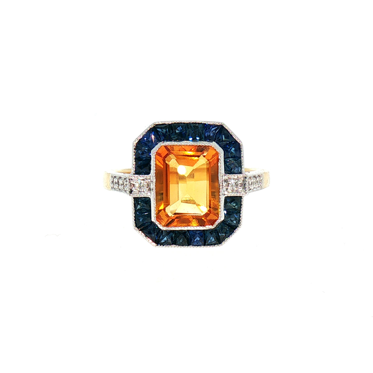Citrine, Sapphire and Natural Diamond Art Deco Style Dress Ring in 18ct Yellow Gold