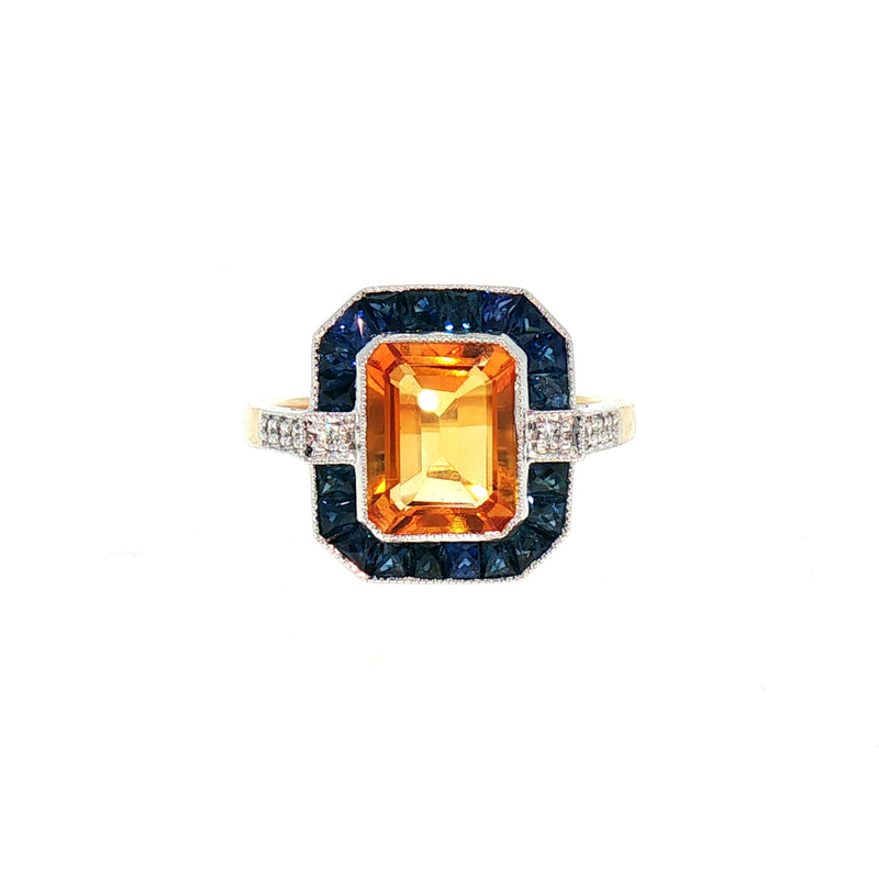 Citrine, Sapphire and Natural Diamond Art Deco Style Dress Ring in 18ct Yellow Gold