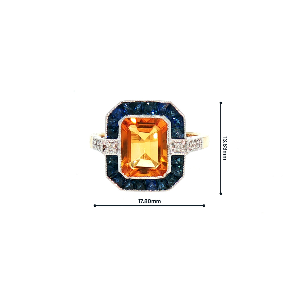 Citrine, Sapphire and Natural Diamond Art Deco Style Dress Ring in 18ct Yellow Gold