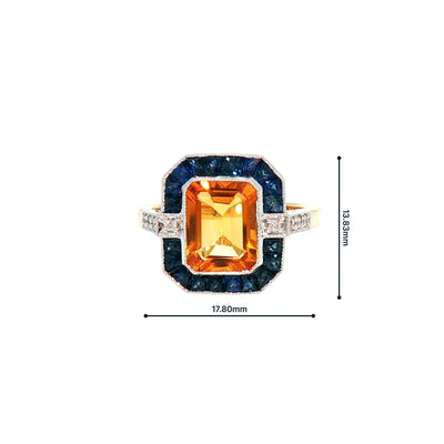 Citrine, Sapphire and Natural Diamond Art Deco Style Dress Ring in 18ct Yellow Gold