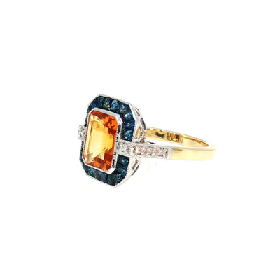 Citrine, Sapphire and Natural Diamond Art Deco Style Dress Ring in 18ct Yellow Gold