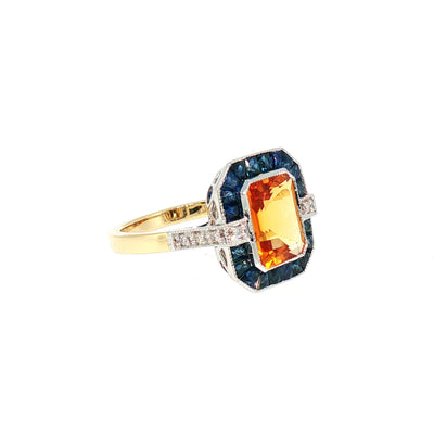 Citrine, Sapphire and Natural Diamond Art Deco Style Dress Ring in 18ct Yellow Gold