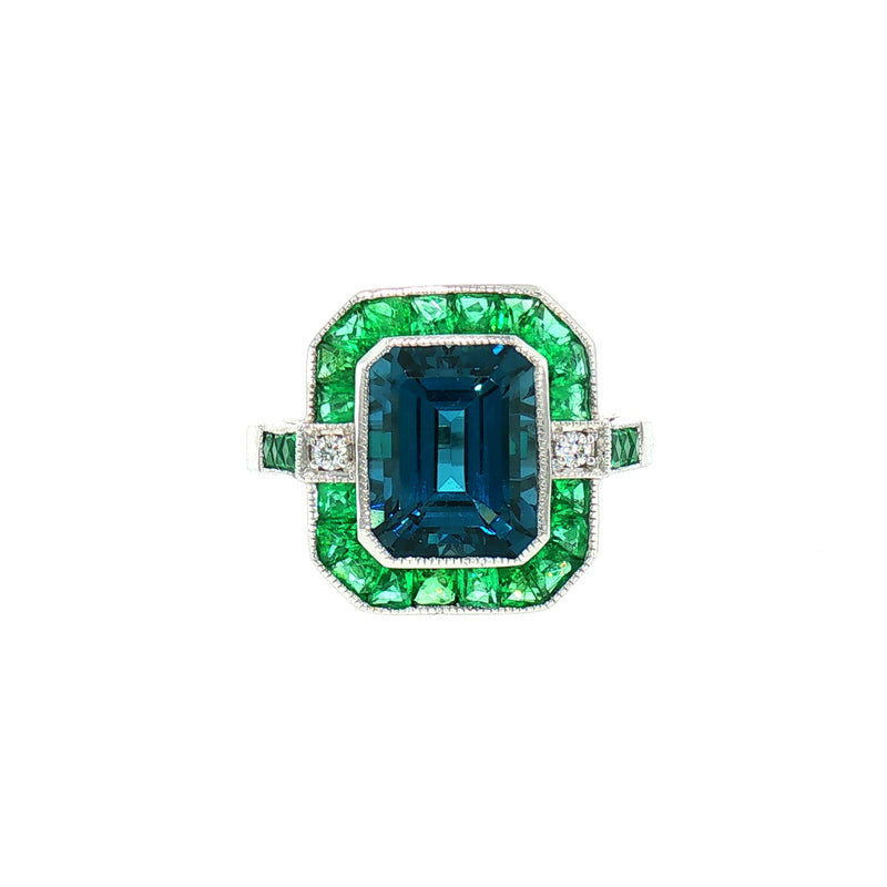 London Blue Topaz Art Deco Style Dress Ring in 18ct White Gold